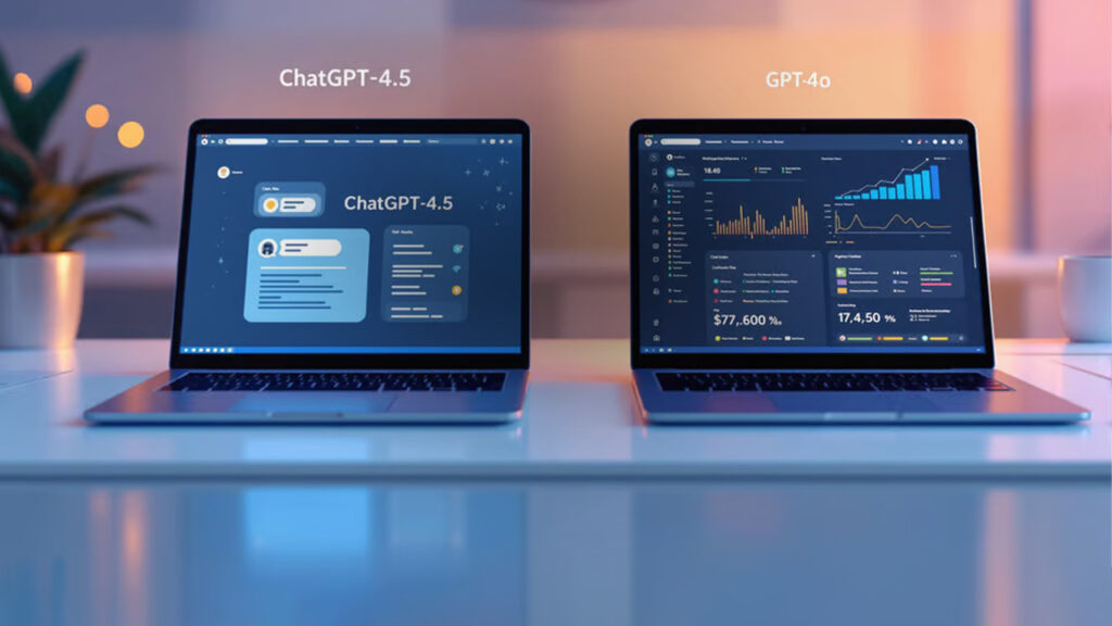 Comparison of ChatGPT 4.5 and GPT 4o AI models on laptops, illustrating advanced features for UAE tech executives and digital transformation leaders