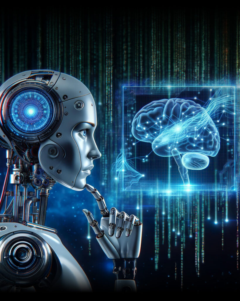 A conceptual illustration representing Living Intelligence showing interconnected AI, biological, and sensor systems in a futuristic environment.