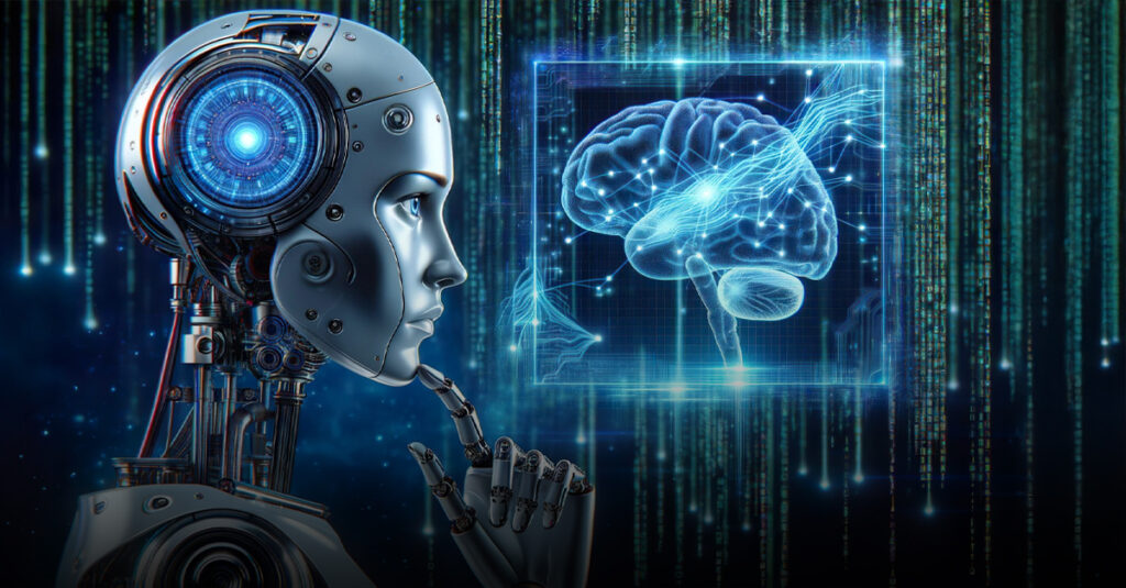 A conceptual illustration representing Living Intelligence showing interconnected AI, biological, and sensor systems in a futuristic environment.