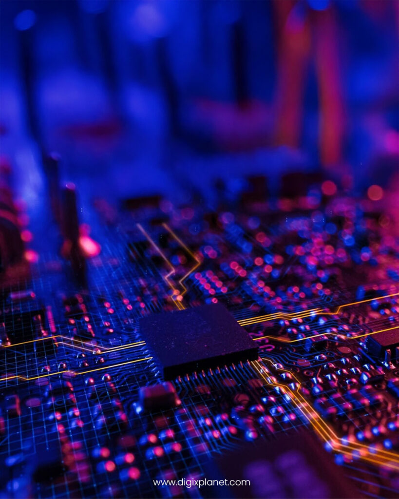 A futuristic quantum computer setup with glowing circuits and cooling chambers, representing advanced quantum technology in 2025