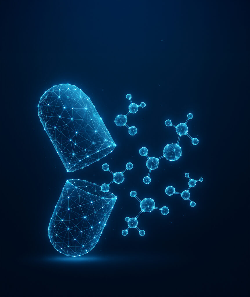 Glowing wireframe capsule releasing molecular structures, symbolizing AI in medicine and neurotechnology.