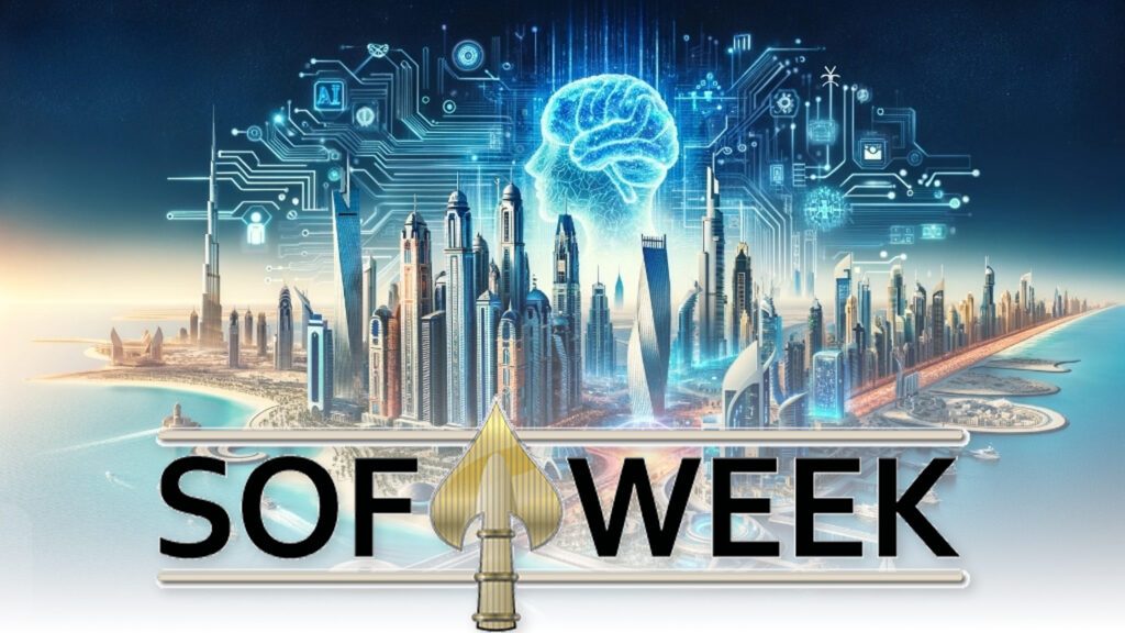 Futuristic cityscape showing Aptima AI's vision for human-AI collaboration and mission-critical performance at SOF Week 2025.