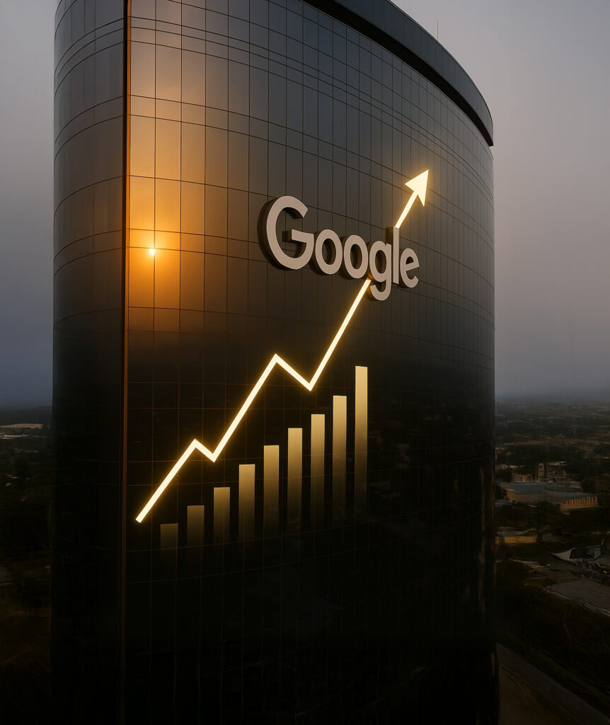 AI-powered Google Search interface on desktop and mobile, symbolizing Alphabet’s growth in 2025