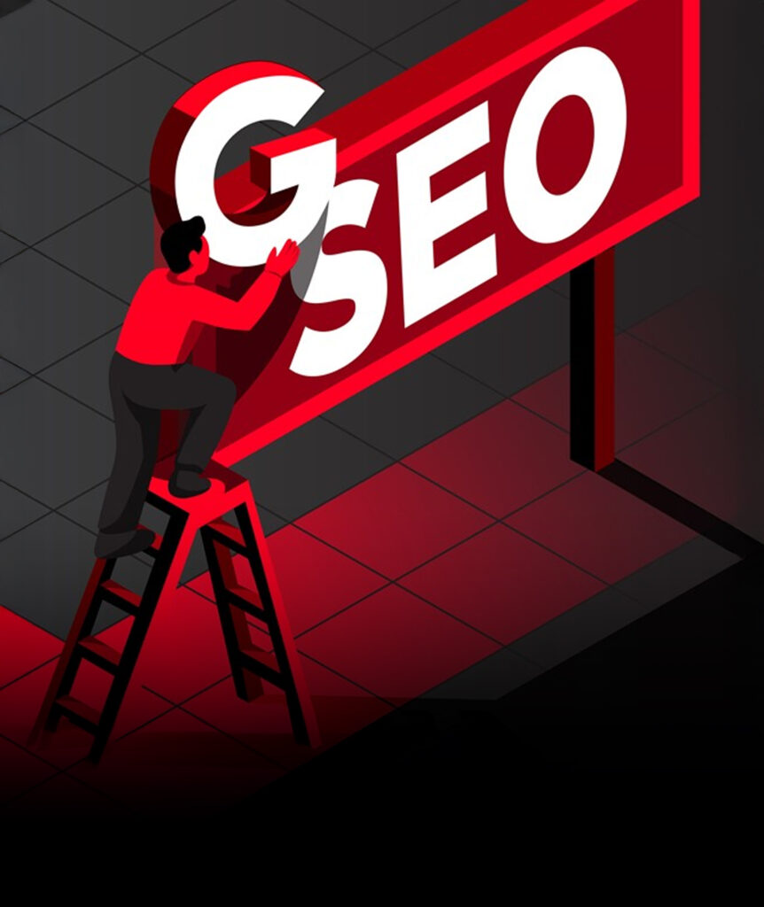 Generative Engine Optimization (GEO) visual concept with SEO and AI search integration theme